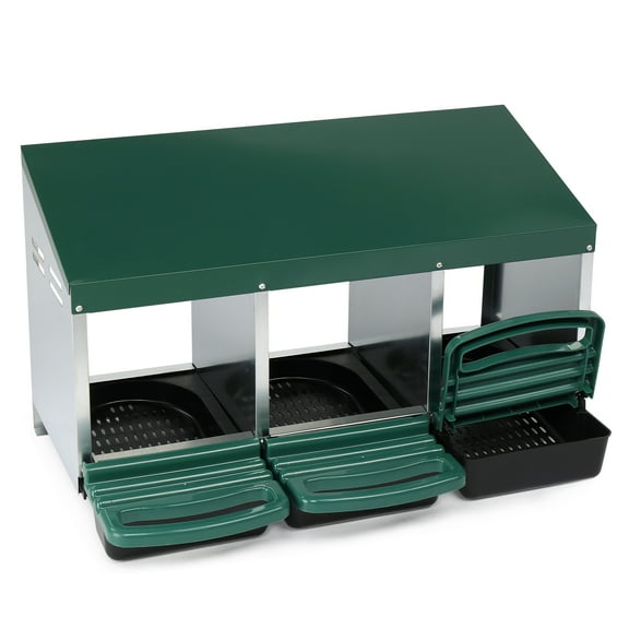 ZephyPaws 3-Compartment Roll Out Chicken Nesting Box with Sloped Roof, Steel and Plastic Laying Box for Hens with Ventilated Trays for Clean Egg Collection, Green