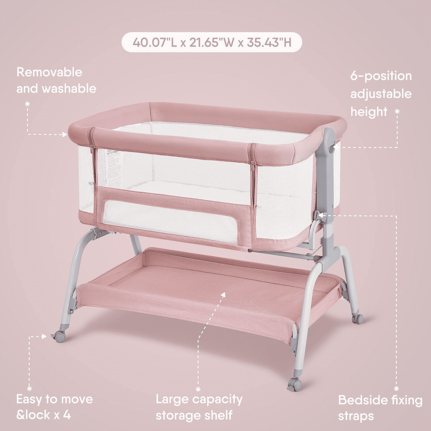 BabyBond Baby Bassinet, 3 in 1 Bassinet Bedside Sleeper with Washable Soft Mattress and Sheet, 6 Height Adjustable Easy Folding Bedside Crib, 4-Sided Mesh Bedside Bassinet for Baby,Pink