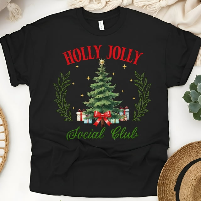 Holly Jolly Social Club T-Shirt | Christmas Tree Graphic Tee, Black, Size L
