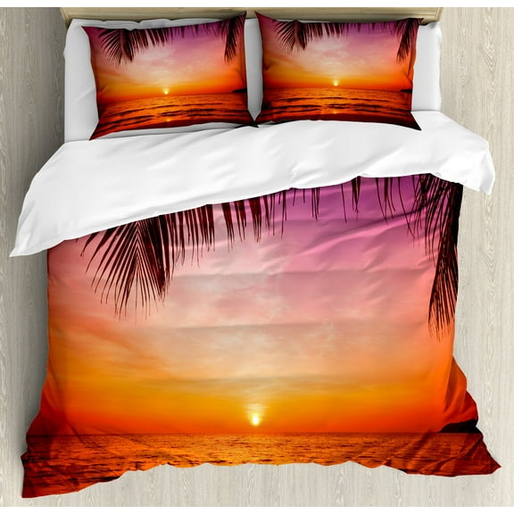 Tropical Duvet Cover Set, Exotic Sunset Above the Sea Scenery from Coconut Palm Tree Leaf Heaven Picture, Decorative 3 Piece Bedding Set with 2 Pillow Shams, King Size, Pink Orange, by Ambesonne