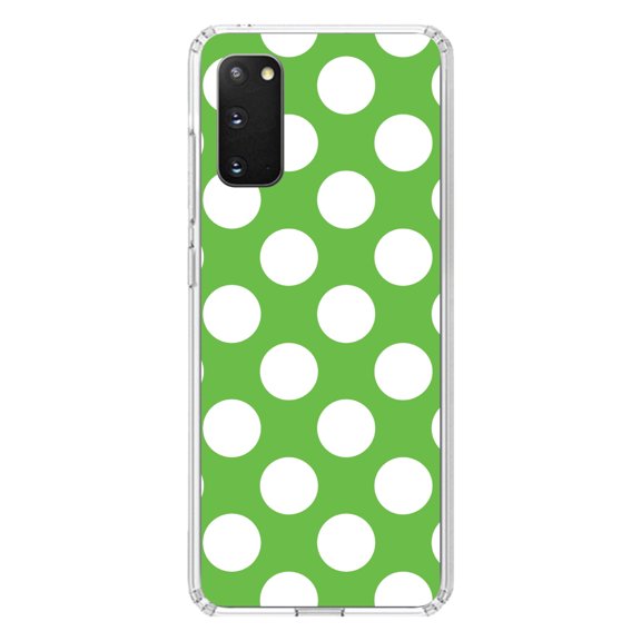 DistinctInk Clear Shockproof Hybrid Case for Galaxy S20 / S20 5G (6.2" Screen) - TPU Bumper, Acrylic Back, Tempered Glass Screen Protector - White & Green Polka Dots