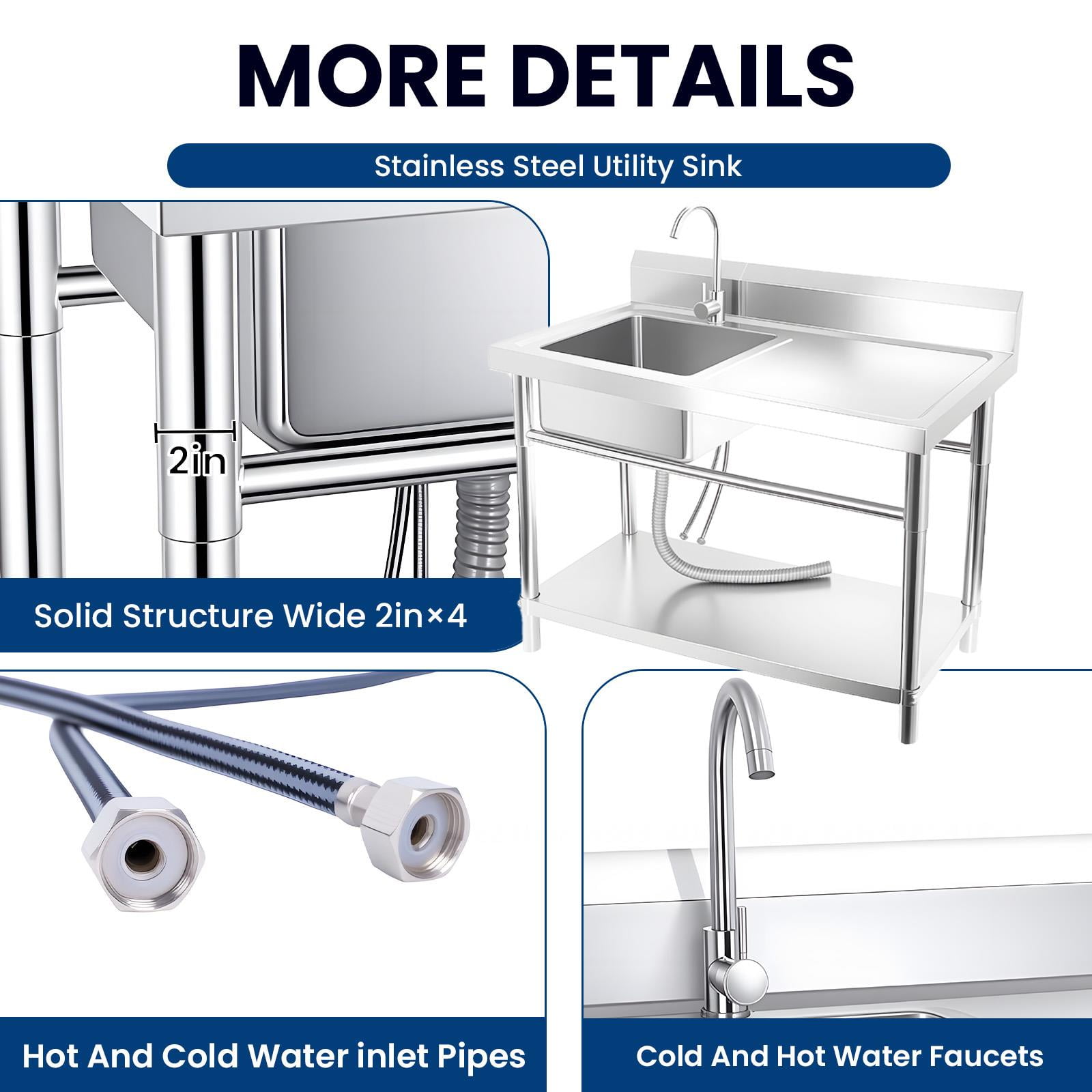 Heavy Duty Stainless Steel Utility Sink Load Up to 398LBS, Free Standing Single Bowl Commercial Kitchen Sink with Hot And Cold Water Inlet Pipes, 31.5×23.62×36.37 In, for Garage, Restaurant, Laundry
