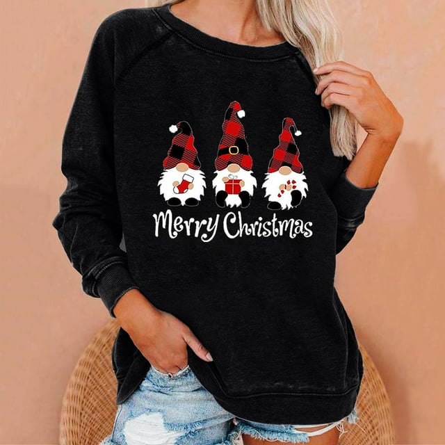 Meichang Hauts de Noël pour Femmes Gnomes de Noël Famille Chemise Raglan Graphique Vacances Manches Longues Col Rond Pull Chandails en Molleton Blouses Lavées Usées