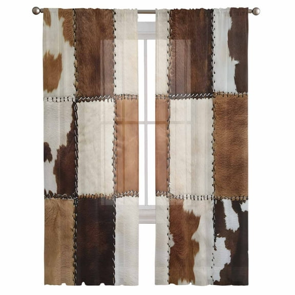 Abstract Cowhides Semi Sheer Curtains 108 Inch Length 2 Panels Set, Brown Beige Animal Fur Texture Sheer Kitchen Curtain Privacy Voile Window Curtain for Living Room Bedroom Rod Pocket Drapes