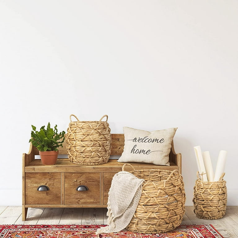 Artera Large Wicker Storage Basket - Set of 4 Woven Water Hyacinth Baskets  with Handle, Large Rectangular Natural Nesting Storage Bins for Bedroom