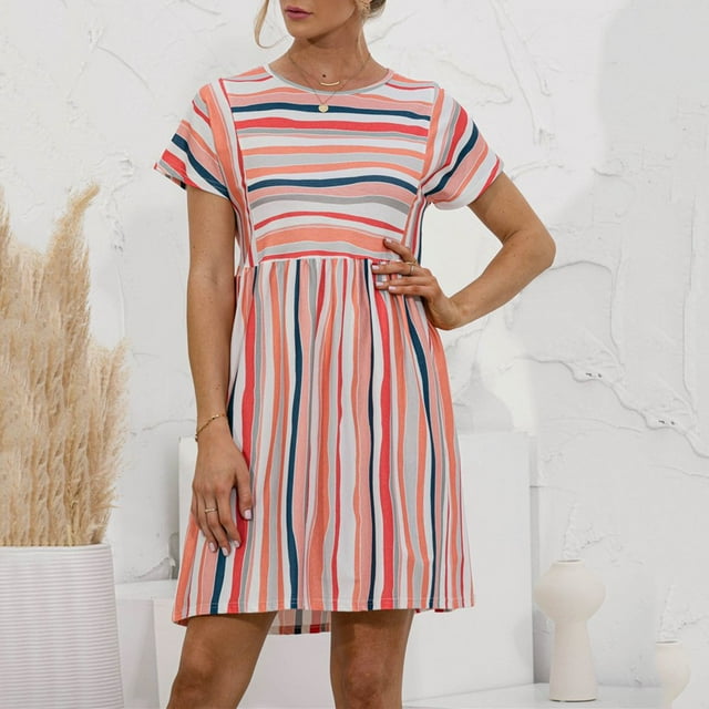 EIMELI Robe Décontractée pour Femmes Robe d'Été Col Rond Rayée à Boutons Mini Robe Décontractée Vêtements pour Femmes G Bleu