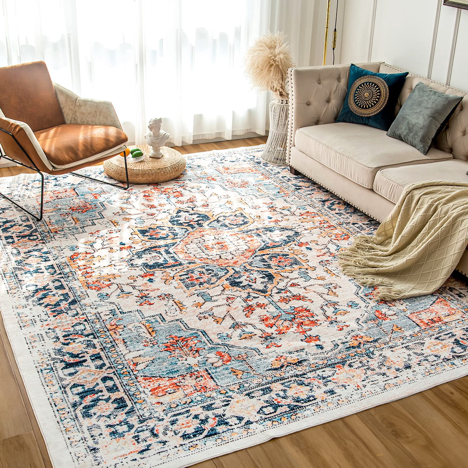 Gyugmhao 6'x9' Boho Area Rug, Machine Washable Low Pile Carpet, Foldable Non Slip Indoor Rug for Living Room, Office and Home Decor