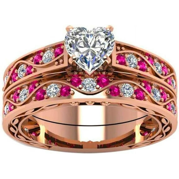 Dazzlingdaimonds Jewels 925 Sterling Silver 3.50 Ct Heart Cut Ruby & Diamond Wedding Engagement Thanksgiving Christmas Bridal Ring Set 14K Rose Gold Plated For Women's -5.5