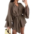 thumbnail image 3 of TaTaai Women's V-Neck Long Sleeve Flared Sleeve Irregular Hem Tie Waist Loose Dress Lightweight Breathable Casual Dress for Vacation Outings Gift, 3 of 7