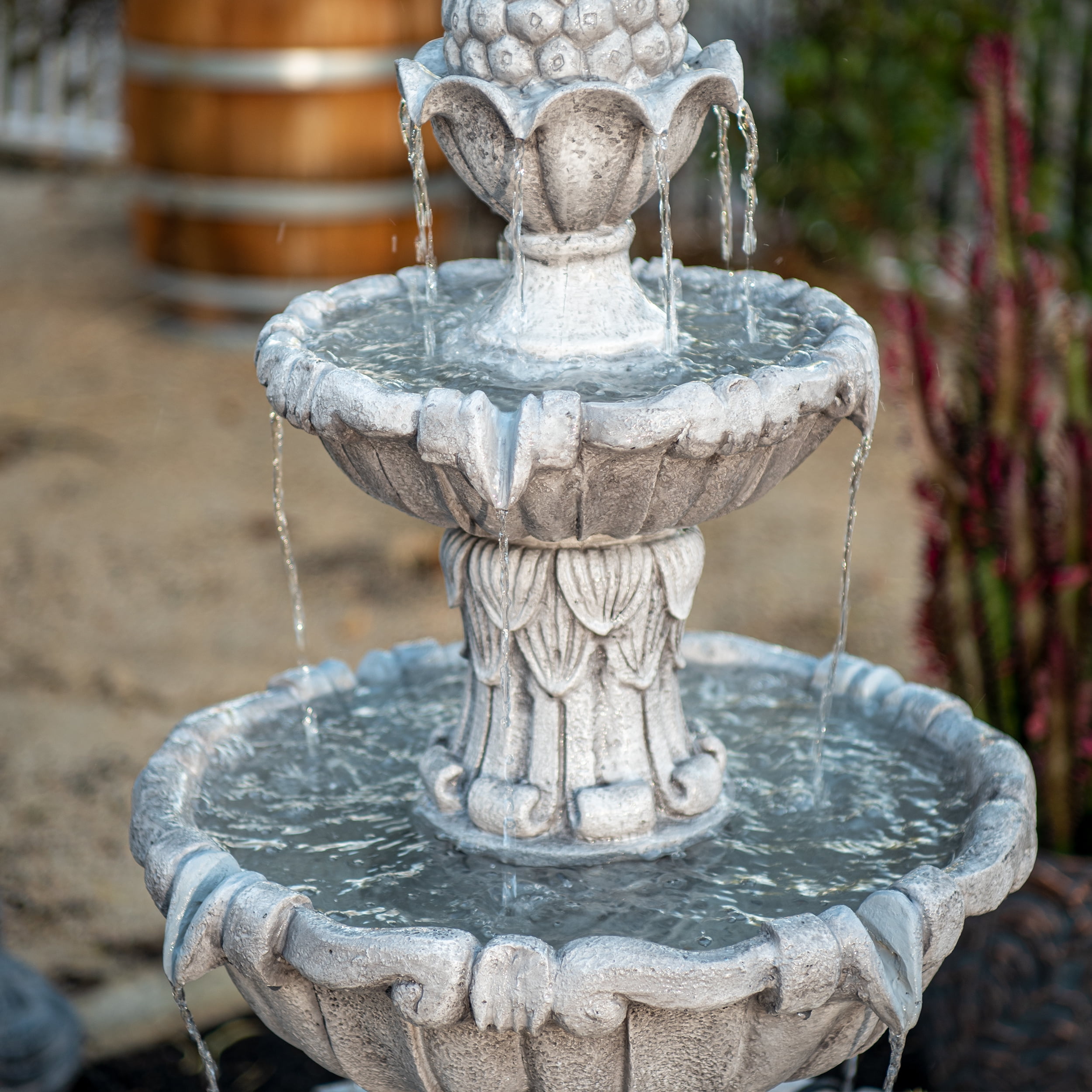 XBrand 58.3" 3-Tier Electric Outdoor Water Fountain – Gray Resin Leaf Design, Large Bird Bath with Pump, Perfect for Yard, Lawn, and Garden Décorand Garden, Porch Décor