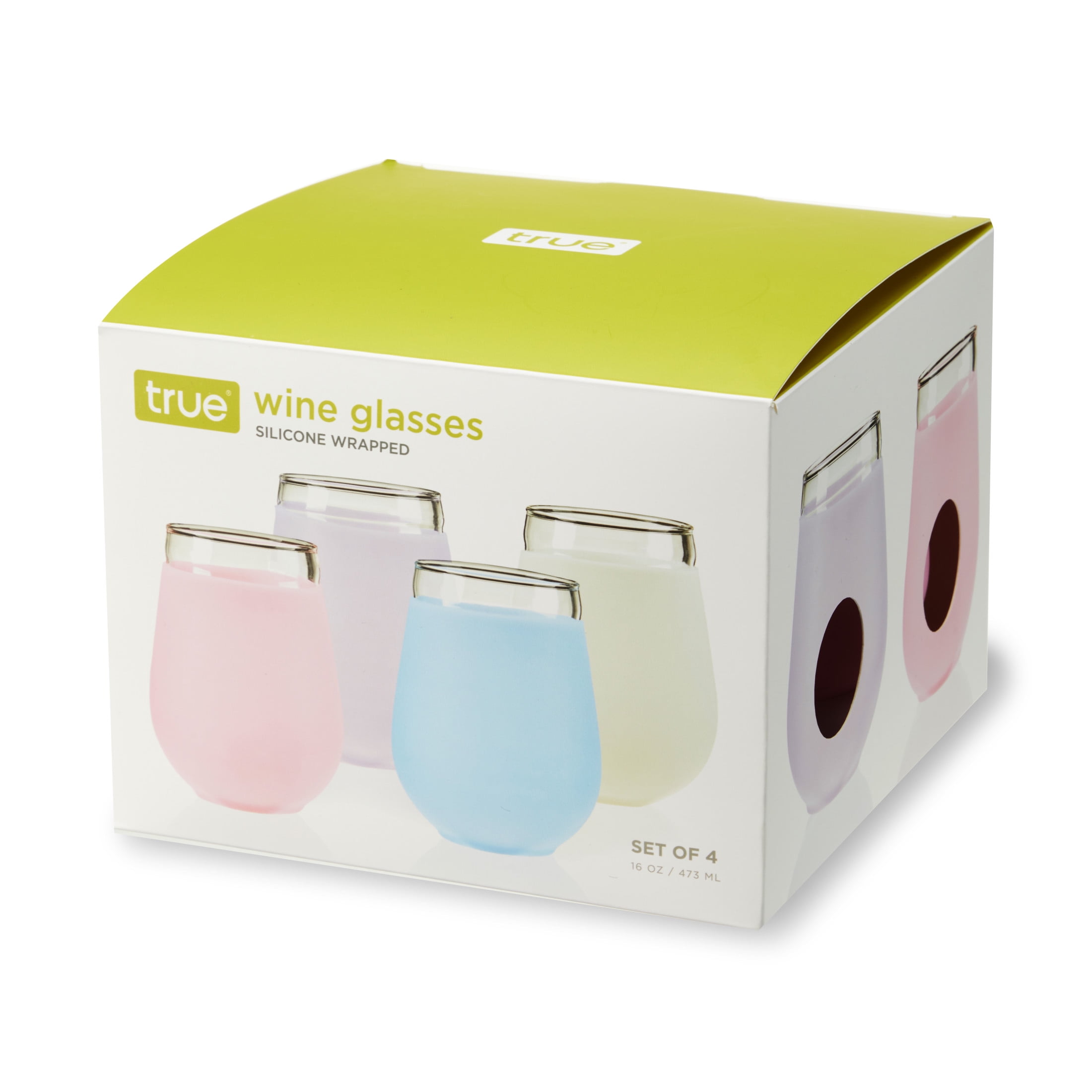 True Silicone Wrapped Stemless Wine Glasses, 16oz Set of 4 Multicolor