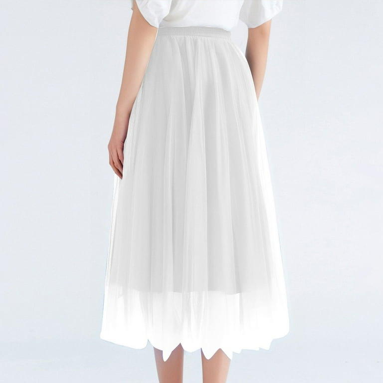 Womens Midi Tulle Skirts Mesh Party Long Elastic High Waist A-Line