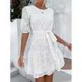 thumbnail image 4 of Ashirexll Midi Dresses for Women, Women's Casual Dresses, Versatile Temperament White Embroidered Fabric Short Sleeve Round Neck Dress, 4 of 7