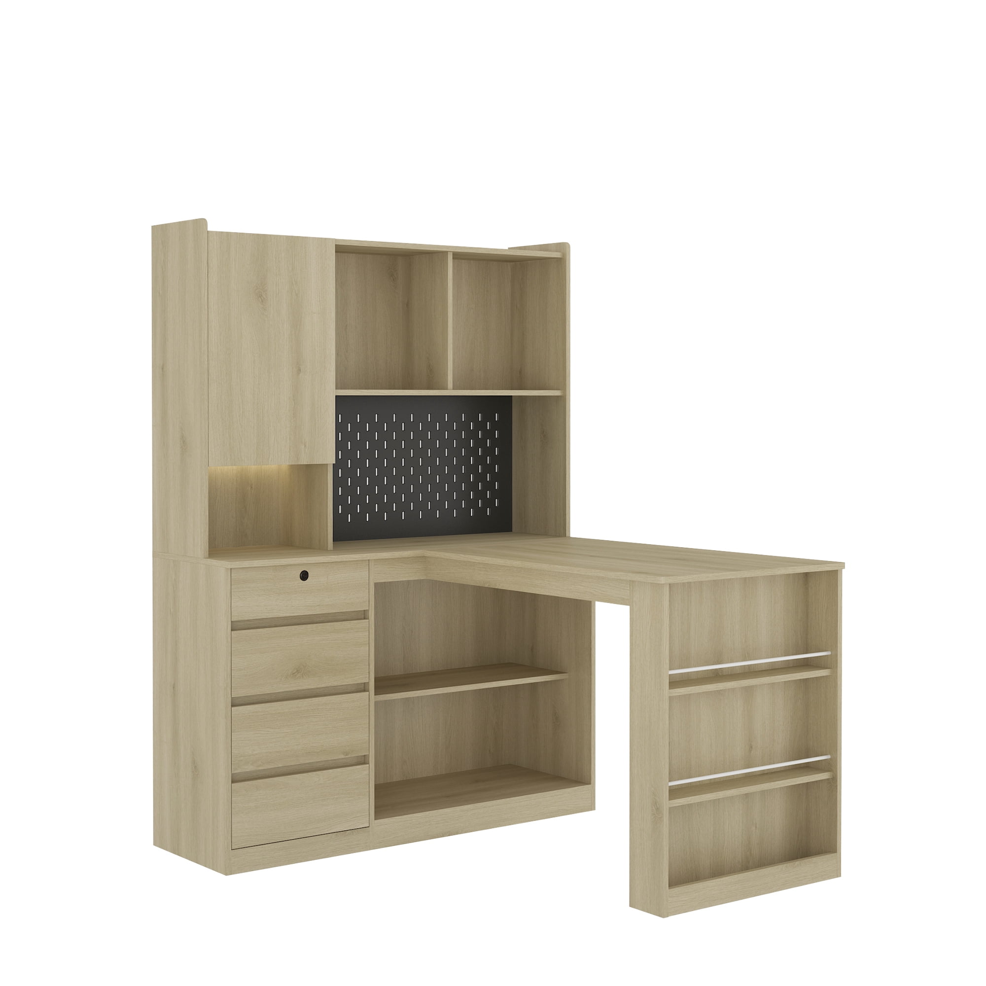 DRNANLIT L Shaped Desk with Charger, LED Light & Drawers, Modern Corner Computer Desk with Bookshelf Storage,Natural Wood