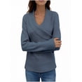 thumbnail image 4 of Women's Ruched V-Neck Wrap Sweater, Criss Cross Long Sleeve Knit Pullover Top with Button for Fall Blue XL, 4 of 5