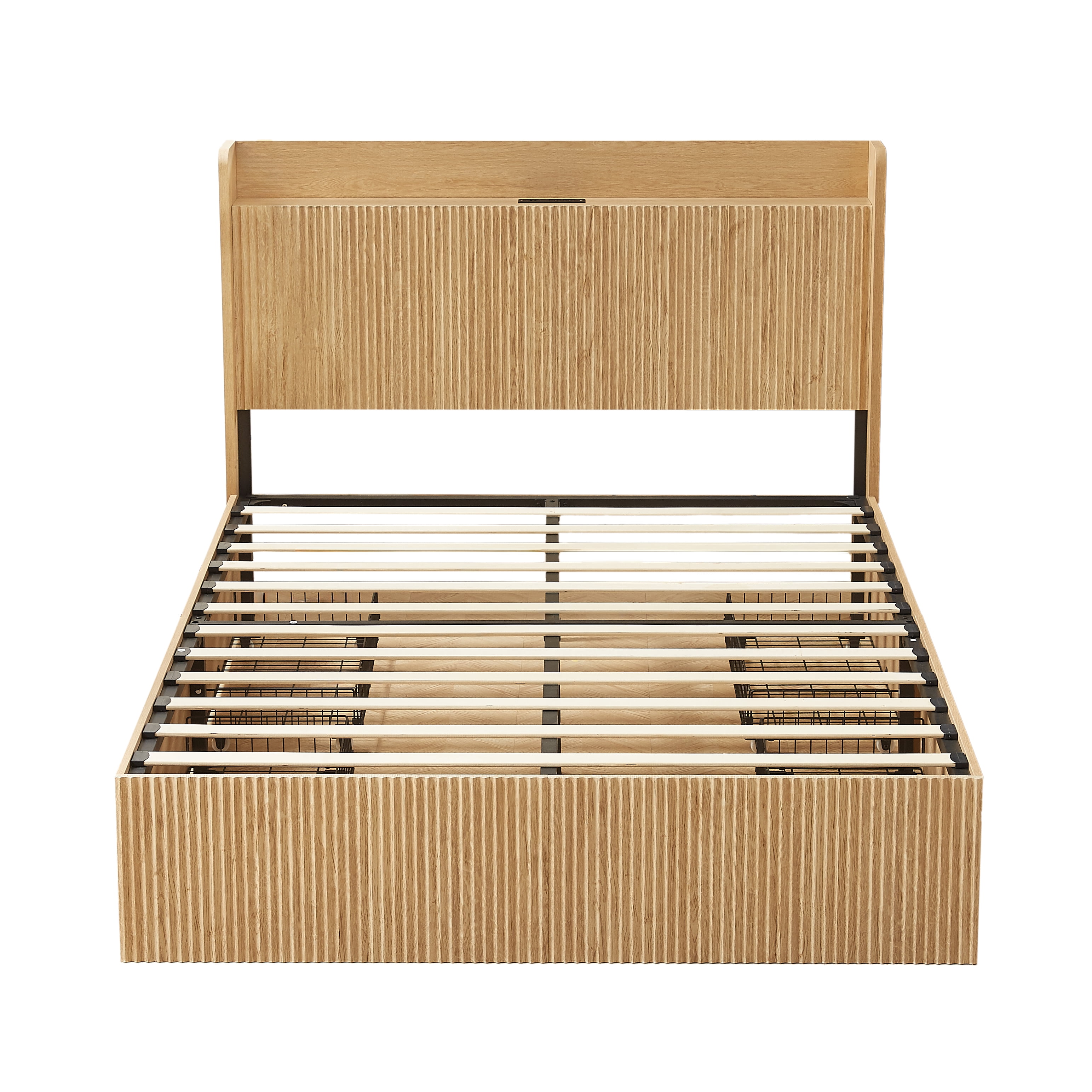 GARITIN Queen Size Platform Bed Frame with 4 Storage Drawers & Built-in Charging Station, Wooden Storage Box Bed, Large Capacity Organizer for Bedroom, Natural