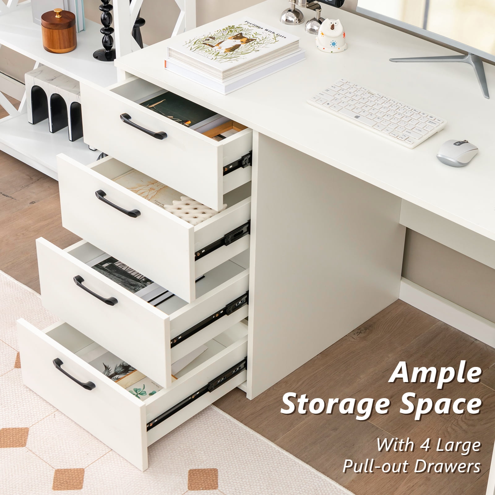 Topbuy Wood Computer Desk with Storage Large Writing Desk w/ 4 Drawers Home Office PC Desk Workstation
