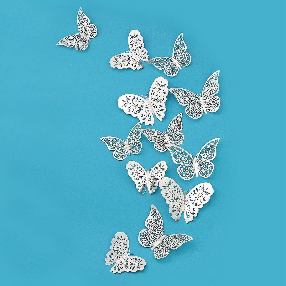 3D Teal Butterfly Shining Metallic Glittering Paper Wall Decal Gadget Removable Mural Sticker Living Room Bedroom Sun Room Shop Window Nursery Decoration Theme Party