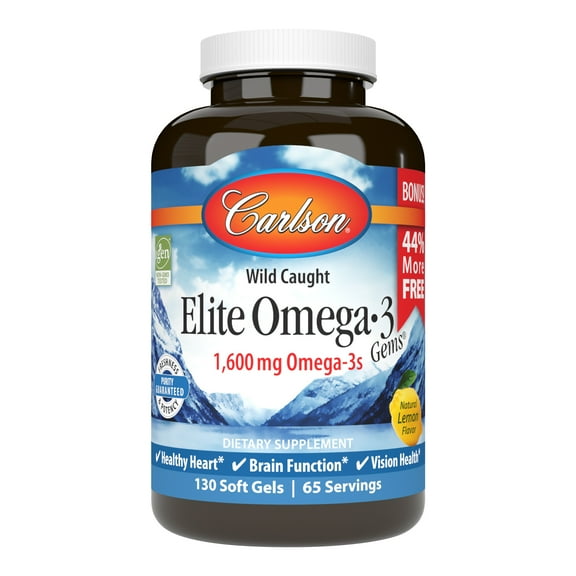 Carlson - Elite Omega-3 Gems, 1600 mg Omega-3s, Norwegian, Wild Caught, Sustainably Sourced, Lemon, 130 Softgels