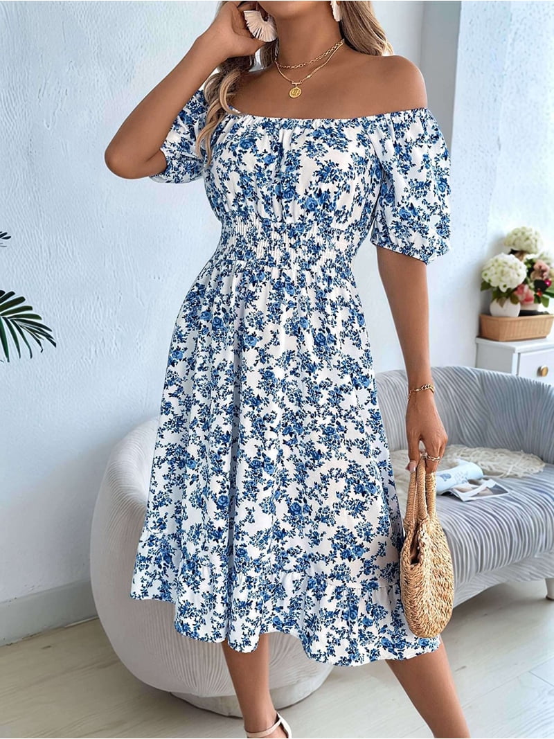 Women Off Shoulder Dress Floral Puff Sleeve Knee-Length A-Line Square-Neck  Dresses Yellow M (Linen Casual Dresses for Women)