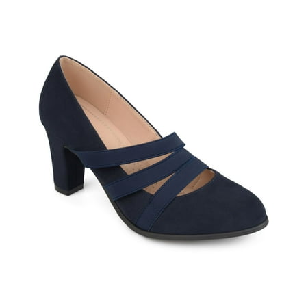 

JOURNEE COLLECTION Womens Navy Elastic Traction Sole Cushioned Strappy Loren Round Toe Block Heel Slip On Pumps 9 M