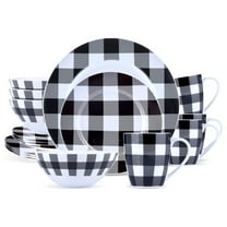 Winter Frost White, Black Modern Kitchen Dinnerware Sets, Indoor and Plates, 16-Piece Plaid Kitchen Plates and Bowls Set with Mugs, Dishwasher Safe