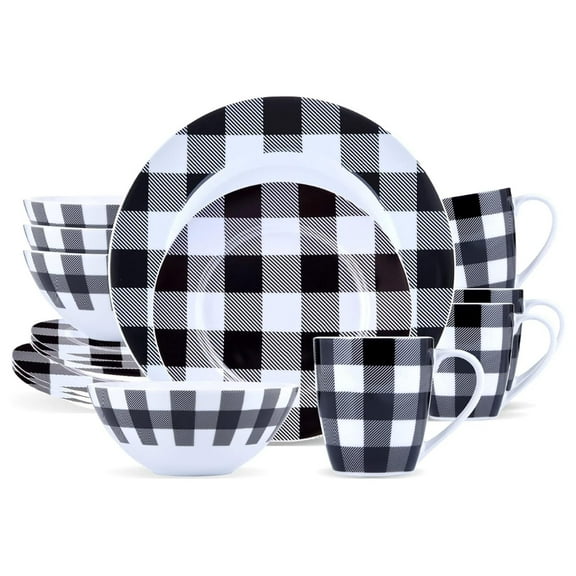 Winter Frost White, Black Modern Kitchen Dinnerware Sets, Indoor and Plates, 16-Piece Plaid Kitchen Plates and Bowls Set with Mugs, Dishwasher Safe