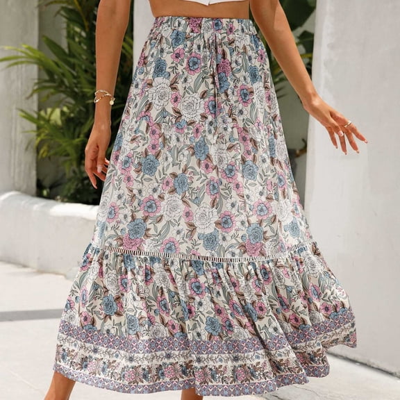 Whlbf Womens Skirts Midi Length Plus Size,Printing Bohemian A-Line High Waist Long Skirts
