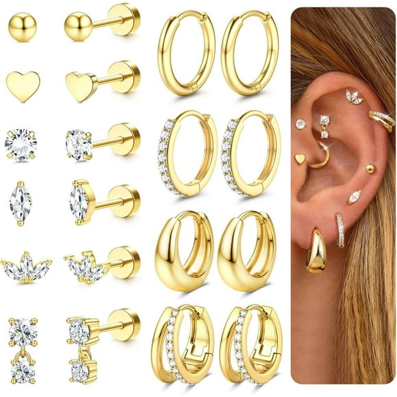 Gold Flat Back Earrings for Women - Hypoallergenic Surgical Steel 14K Gold Plated Stud Earrings Silver Cartilage Hoops Earrings CZ Ball Daith Conch Tragus Helix Piercing Jewellery