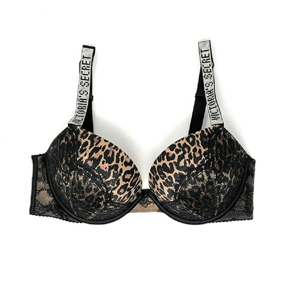 Victoria's Secret 36DD Leopard Polyester Push Up Bra, Black/Brown