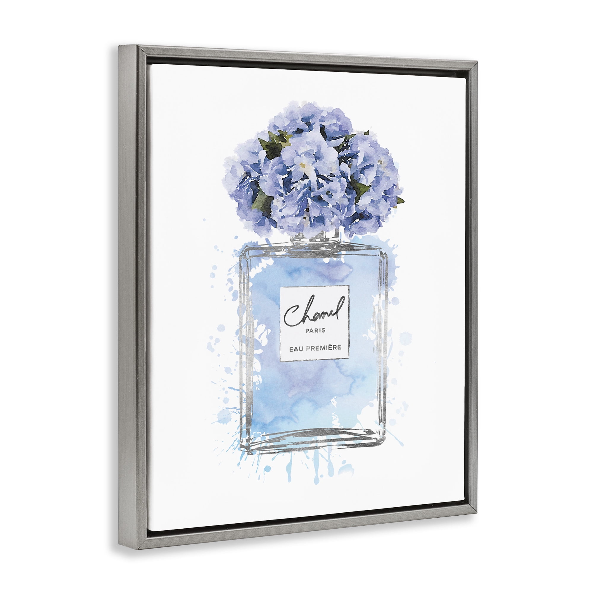 Stupell Industries Blue Flowers Perfume Bottle Beauty & Fashion Painting Gray Floater Framed Canvas Art Print Wall Art, 25 x 31