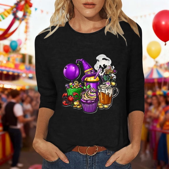 Mceream 3/4 Sleeve Mardi Gras Shirts Womens Holiday Tunic Tops Fashion Graphic Mask Carnival Themed Party Tshirts Casual Crewneck Blouses Clothes plus size outfit Black XXXXXL