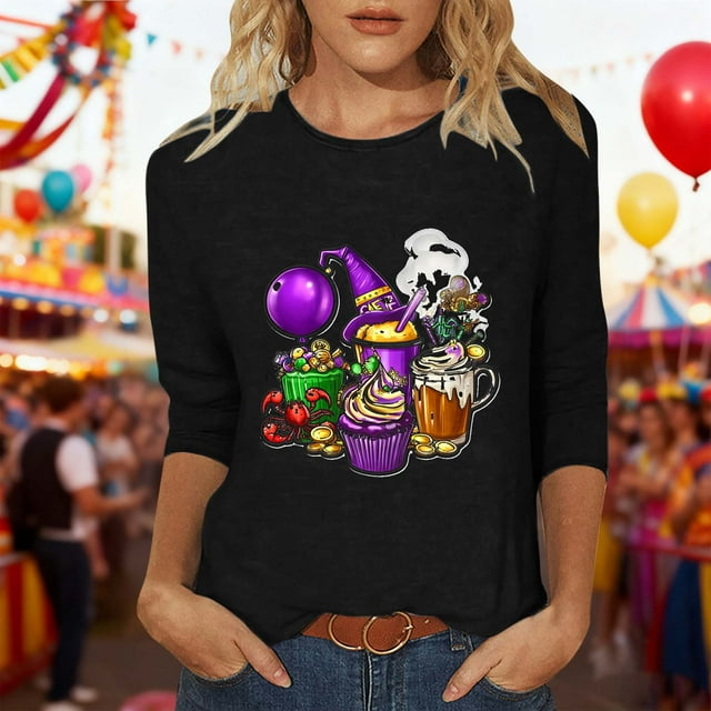 Xuyuer Carnival 2025 Womens 3/4 Sleeve Tops Mardi Gras and Costumes Fashion Round Neck Printed Blouse