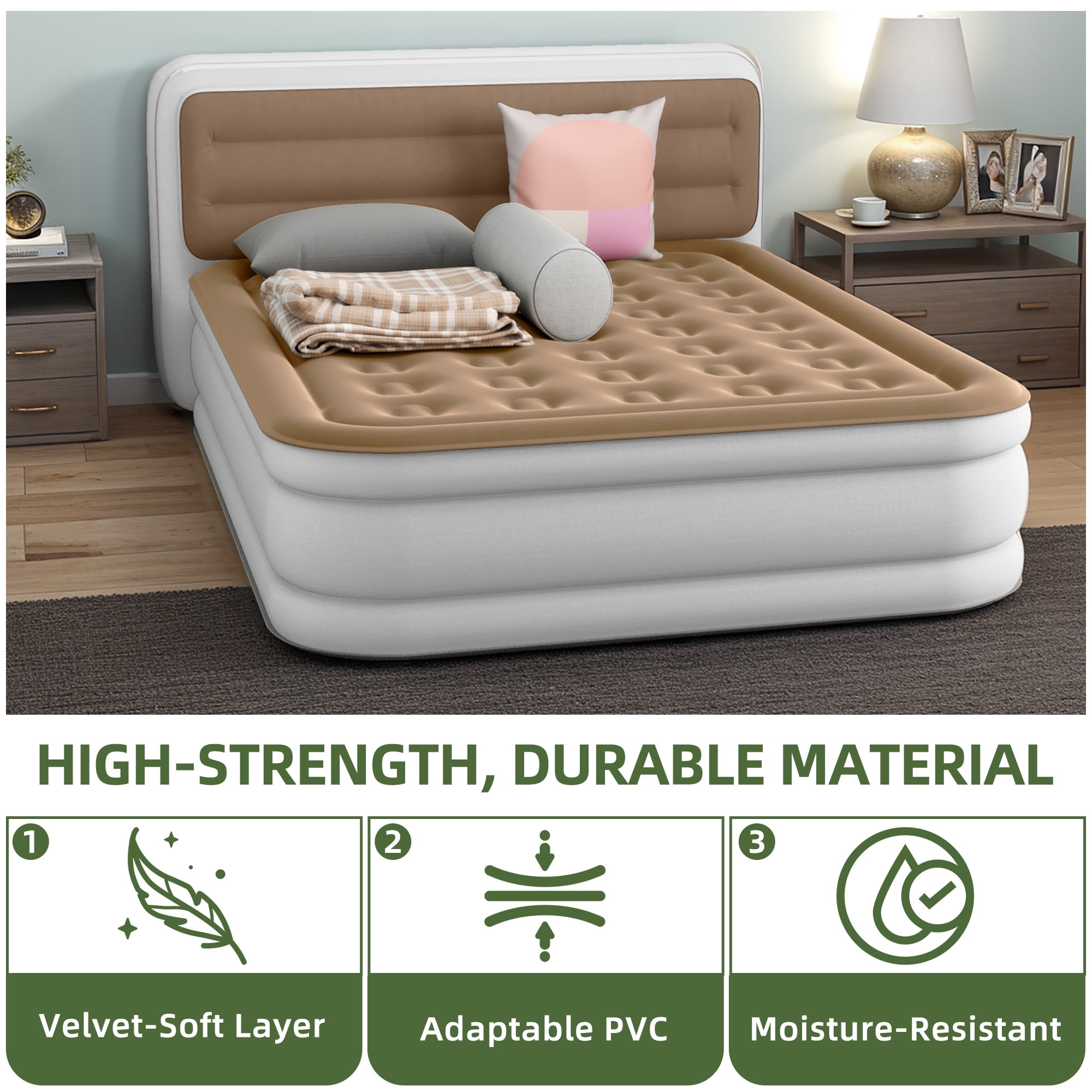Uforic Queen Size Air Mattress with Built-in Headboard and Inflation Pump, 18in Deluxe Flocked Top Air Mattress, Sturdy Blow-Up Bed for Home & Visitors, Brown