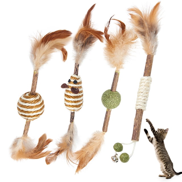 Silvervine Stick Toy Cute: 4PCS Fake Feather Bell Cat Chew Toy Kitten Catnip Toy