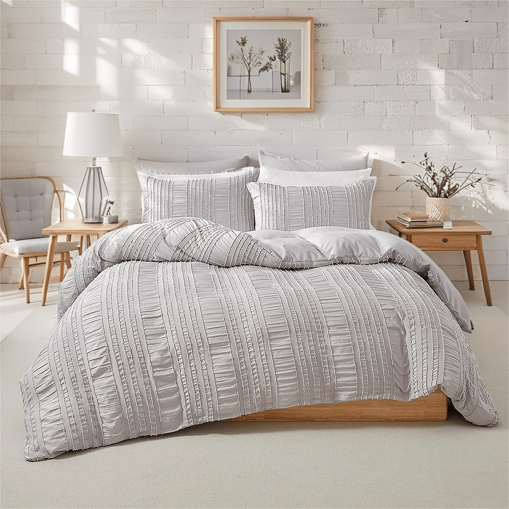 JOLUSERE Light Gray Duvet Cover Queen Sets, 3 Pieces Soft Breathable Striped Textured Comforter Cover Set