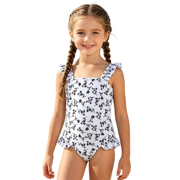 Rggeeun Toddler Girls One-Piece Cute Floral Pattern Wide Straps Square Neck U-Back Elastic with Ruffle for Summer Pool Party Comfort Bathing Suit,Black,6 Years