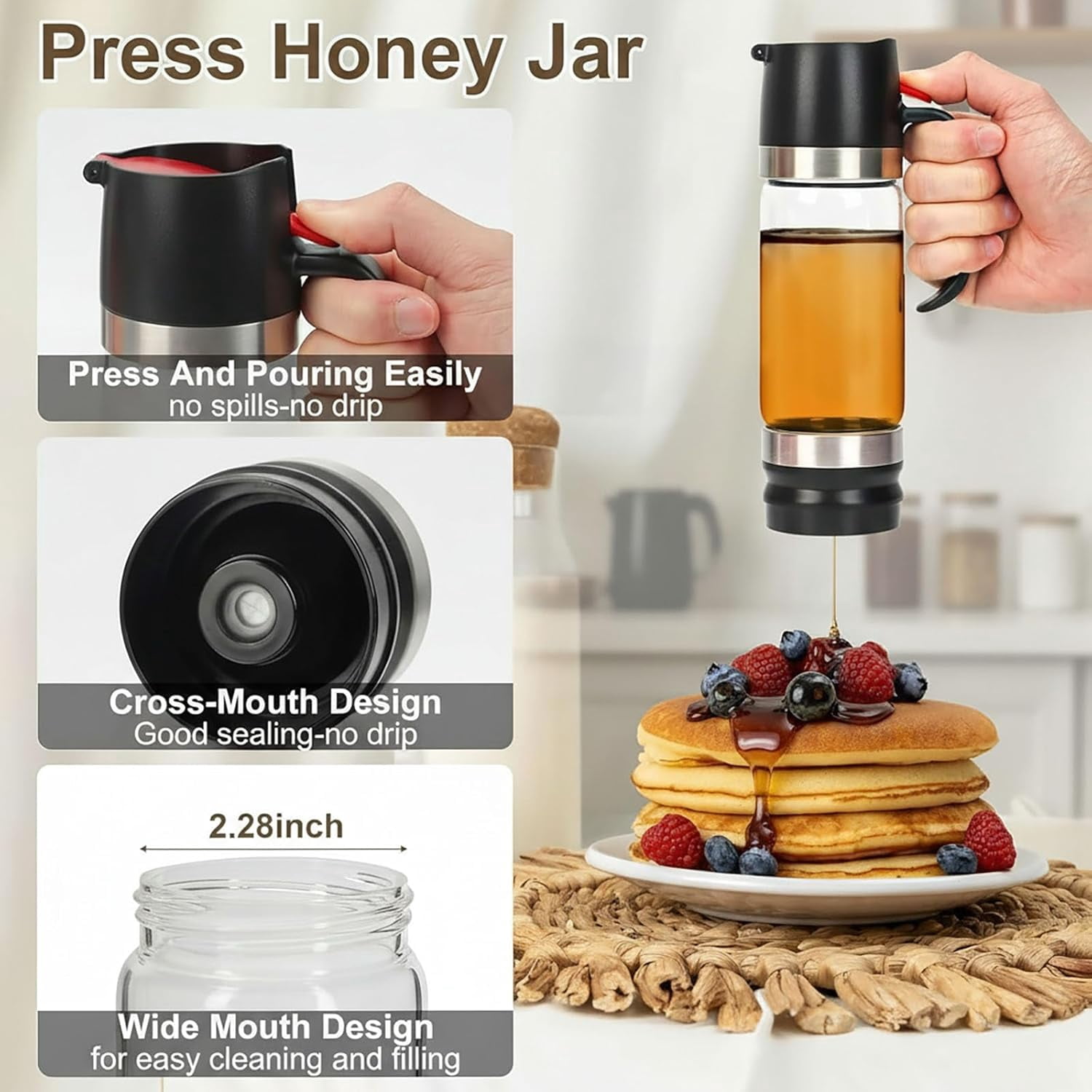 Honey Dispenser No Drip, Glass Honey Dispenser with Stand and Handle, Refillable Honey Jar Syrup Dispenser for Honey, Maple Syrup, Coffee, Tea, Pancakes, Mess-Free Kitchen Honey Container (300ML)M