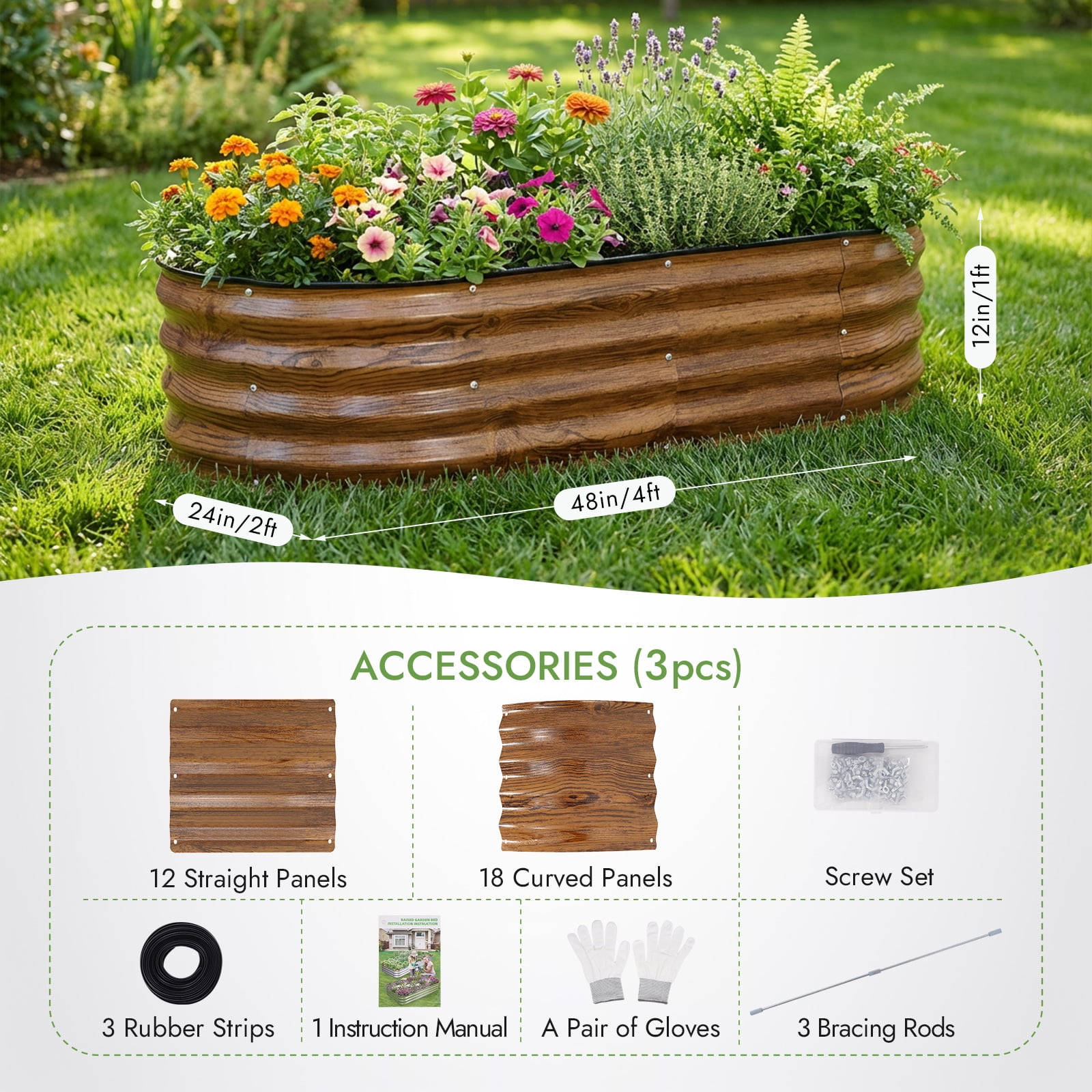 INNO STAGE Raised Garden Bed Kit Oval Galvanized Rust-Resistant Metal 3 Pack 4x2x1ft