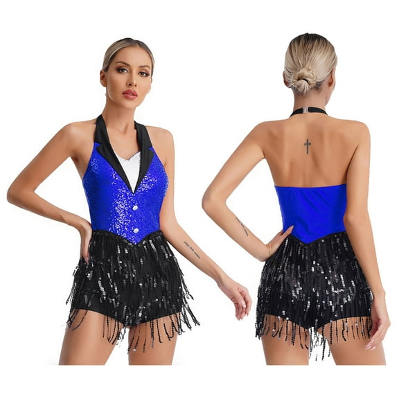Aiihoo Womens Sparkly Tassel Latin Dance Leotards Halter Backless Jumpsuit Jazz Dancewear Blue L