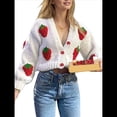 thumbnail image 2 of Cárdigan de Punto Grueso con Cuello en V y Larga con Bordado de Fresas Kawaii para Mujer Fresa Roja L, 2 of 9