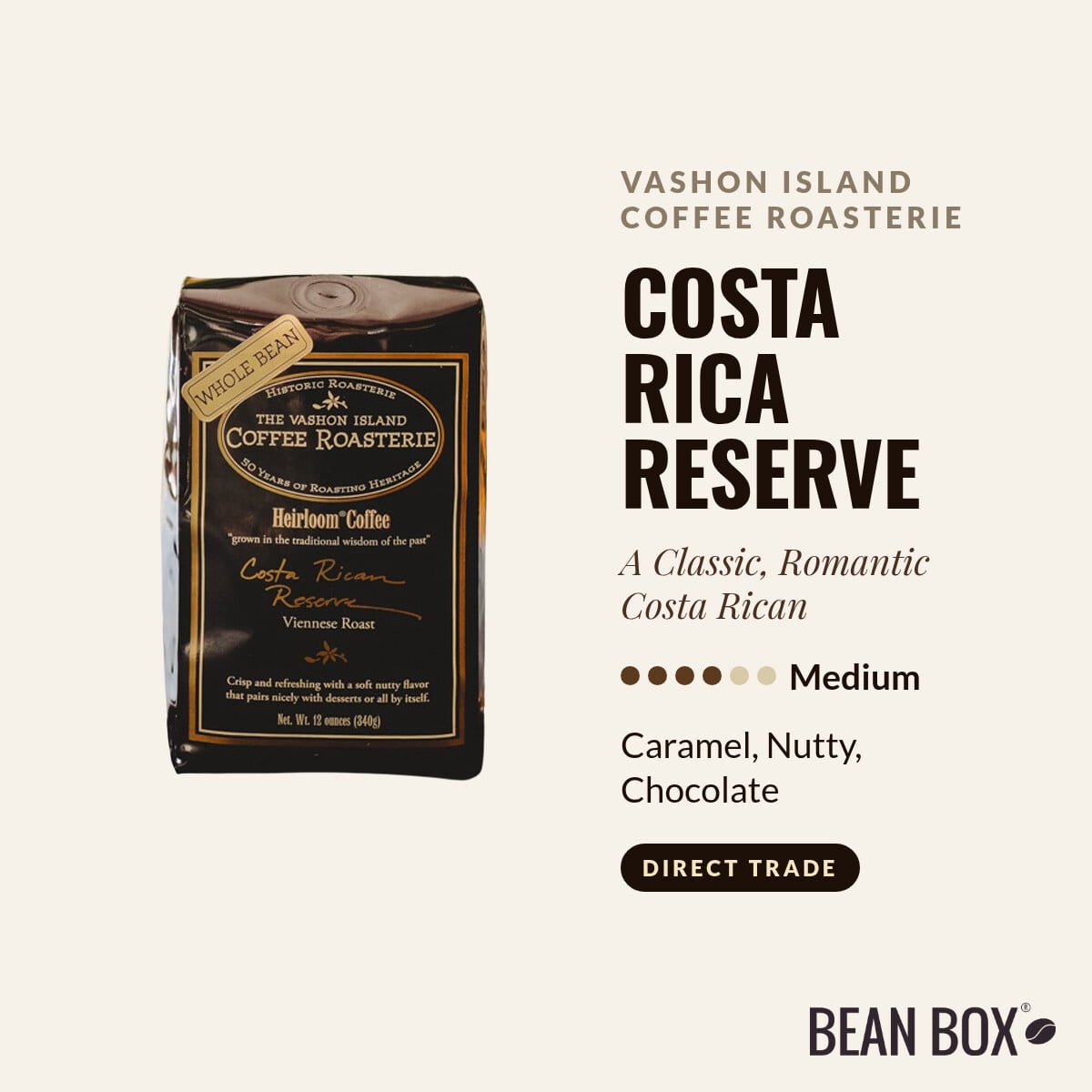 Costa Rica Reserve - Roasted by Vashon Island Coffee Roasterie - Whole Bean Coffee - 12oz Bag