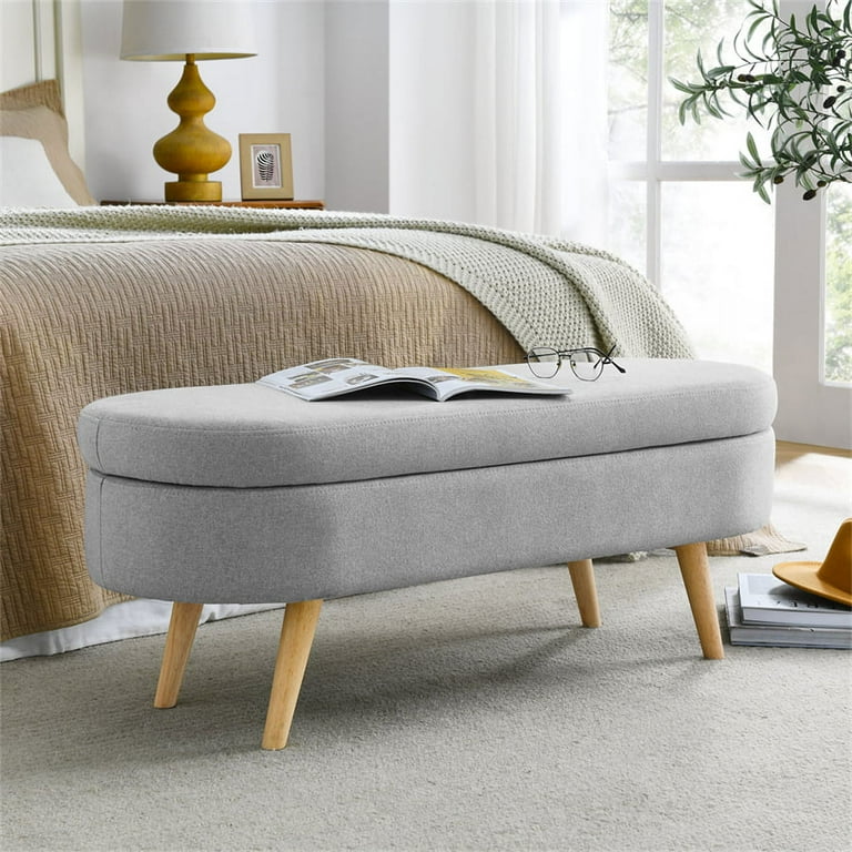 Storage Ottoman Bench End of Bed Oval Storage Bench with Rubber Wood Legs 43.5