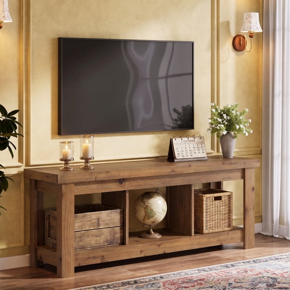 Fnova 63" Farmhouse TV Stand for TVs up to 75 Inch, Solid Wood Entertainment Center with Open Storage Shelves, Rustic Media Console Cabinet for Living Room & Bedroom
