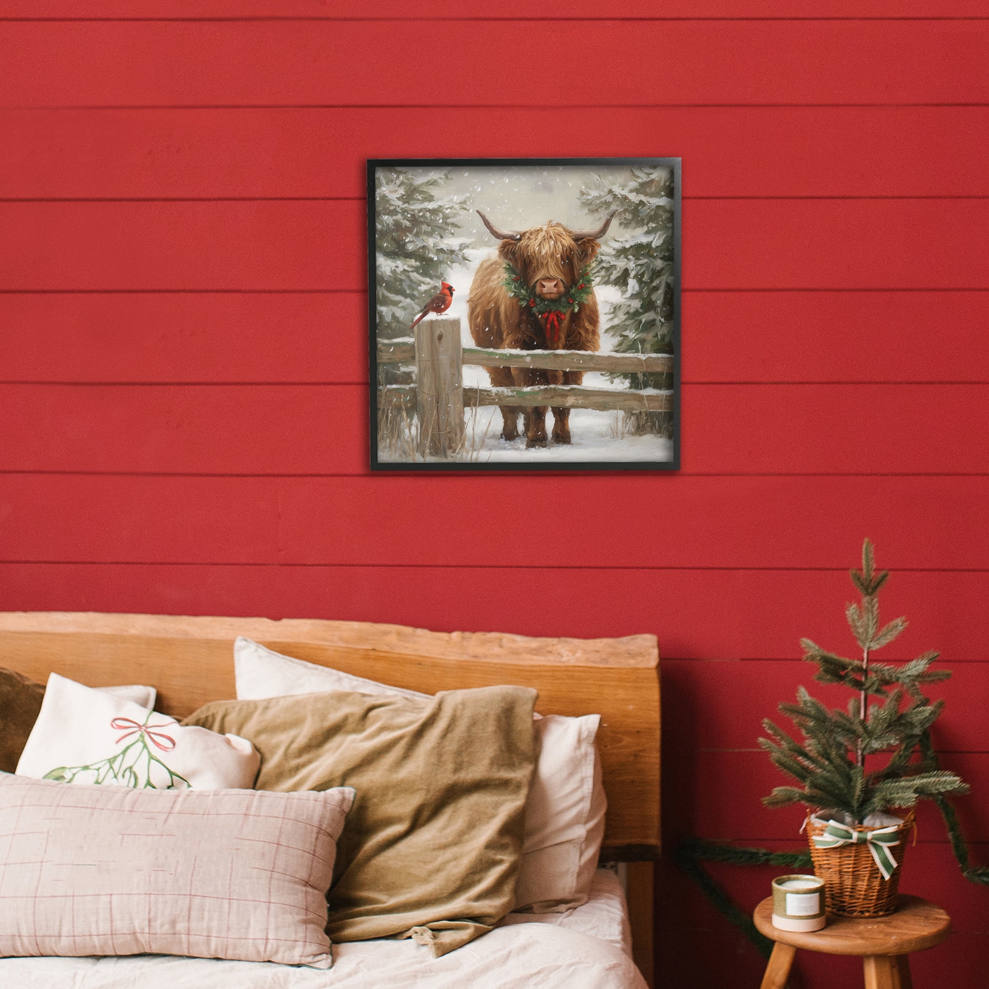 Stupell Industries Christmas Cow & Cardinal Black Framed Giclee Art, design by Tina LeCour