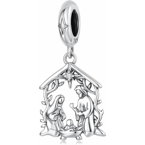 Nativity of Jesus Pendant Charm, 925 Sterling Silver Accessory, Compatible with 3mm-4.5mm Bracelet