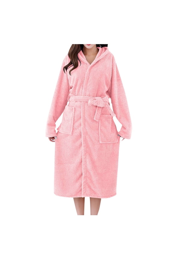Towel Robe for Women Plush Hooded Bathrobe Quick Dry Absorbent Belted Shower Robe Ladies Soft Nightgown with Pocket Pink,Free Size
