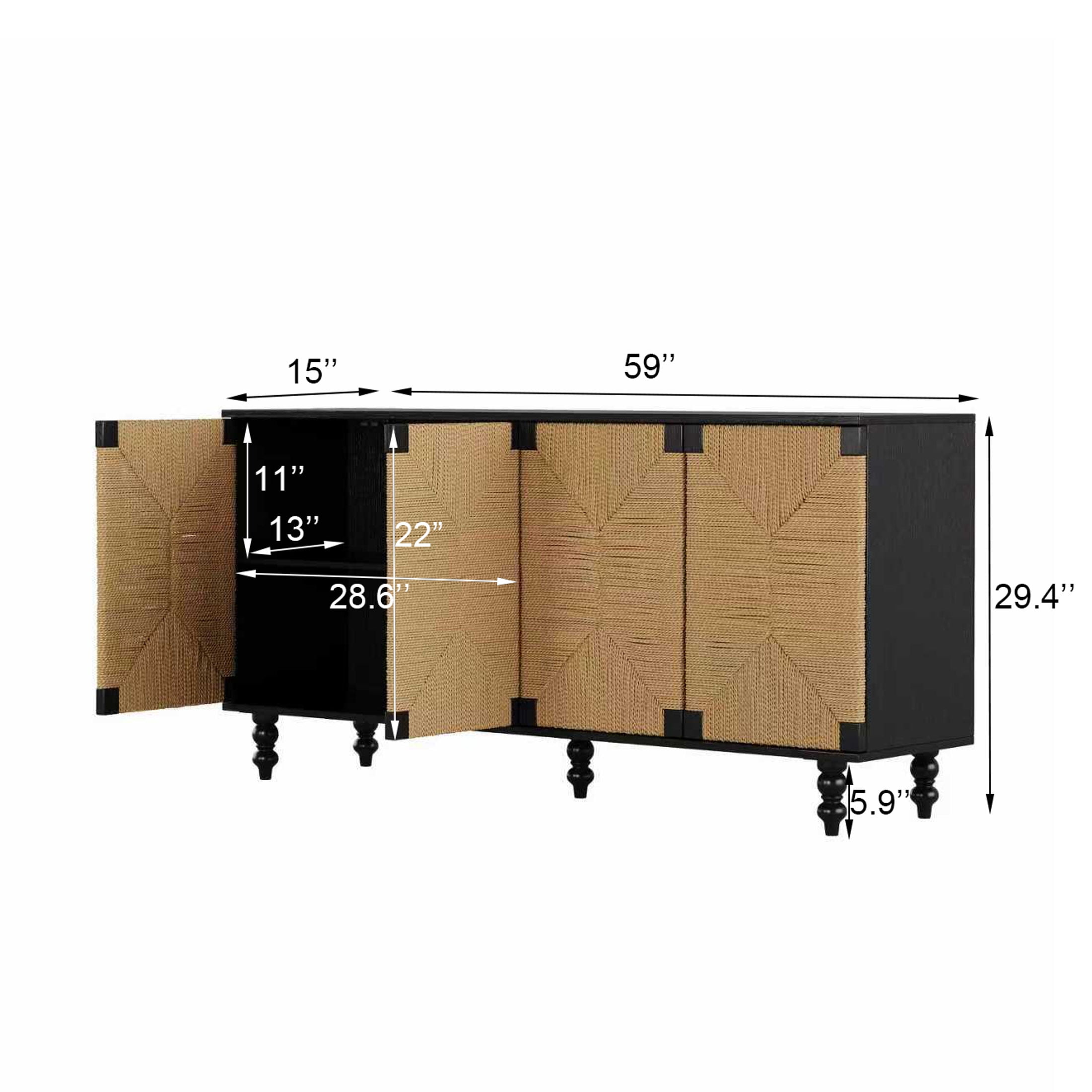 Noble House Enoch 59" Sideboard Buffet Cabinet with Handwoven Seagrass Doors & Solid Wood Legs, Black & Natural