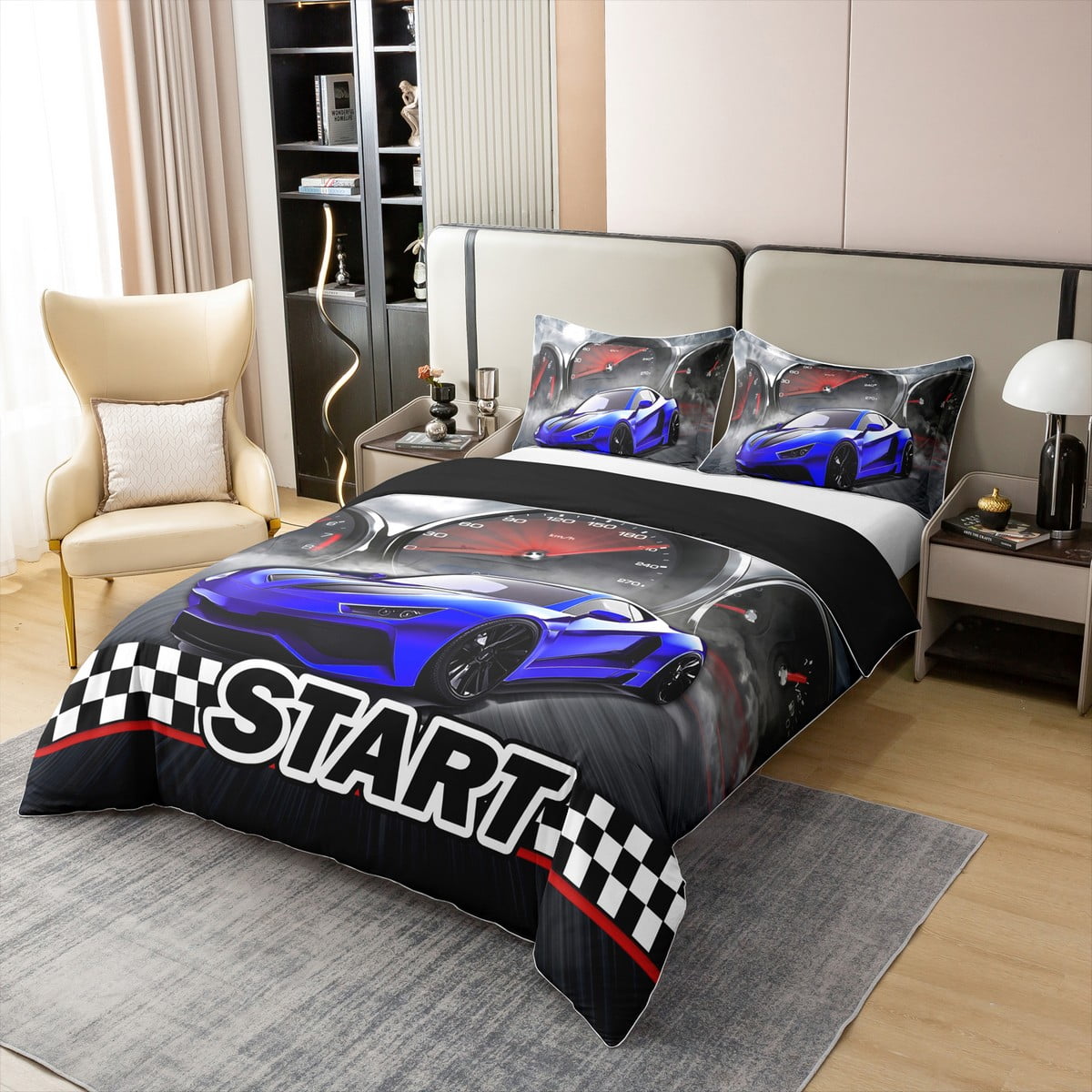 Erosebridal Race Car Bedding Set Cool Sports Car Bedding Queen Size Man Extreme Sports Duvet Cover Blue Racing Car Print Black and White Grids Decor Comforter Cover 3 Pcs