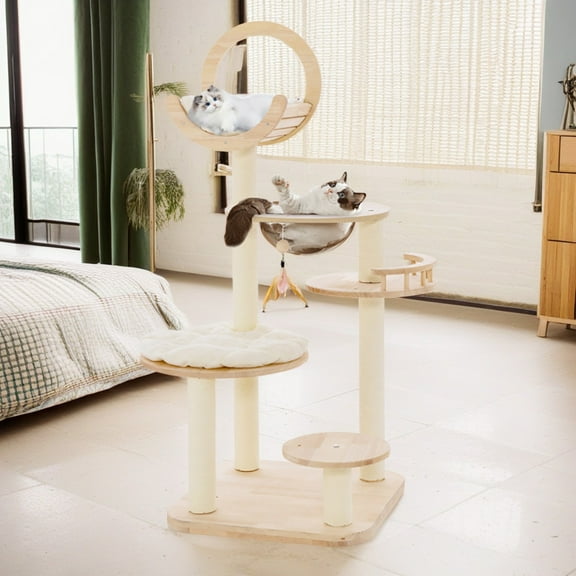 Pefilos 57" Modern Cat Tree Tower for Indoor Cats, 4-in-1 Large Wood Cat Condo with Scratching Post and Removable Pads for Small Large Cats, Beige